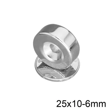 1/2/5/10 шт 25x10-6 мм Неодимовый магнитный диск с отверстием 25 мм, отверстие 6 мм, Круговые магниты 25X10-6 мм, Круглый потайной Магнитный 25*10-6 Изображение