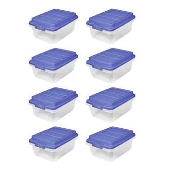 18 Qt. Прозрачный пластиковый контейнер для хранения с синей подъемной крышкой, 8 упаковок Изображение