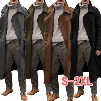 2022 осенне-зимнее новое мужское шерстяное пальто, мужская тонкая длинная куртка, модный бутик, однотонная тонкая мужская ветровка XL Изображение