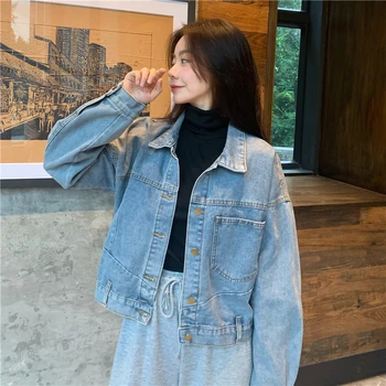 2023 Новая осенняя джинсовая куртка свободного кроя с длинными рукавами, женская корейская куртка большого размера, Бесплатная доставка Изображение