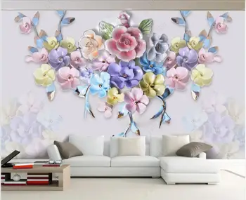 3d обои с пользовательской фотообоей с тиснением модных цветов в оформлении гостиной, 3D фотообои на стене Изображение