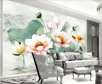 3d обои с пользовательской фотообоей, рельефный цветок, свежая акварель, лотос, украшение гостиной, 3D фотообои на стену Изображение