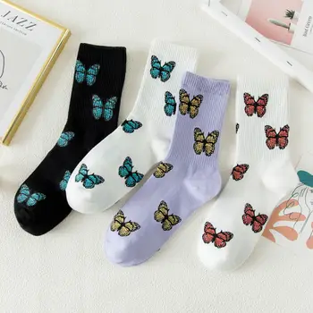 4 пары лот упак. женские носки с красочной бабочкой ins в корейском стиле, модный тренд, милые хлопчатобумажные носки в японском стиле Изображение