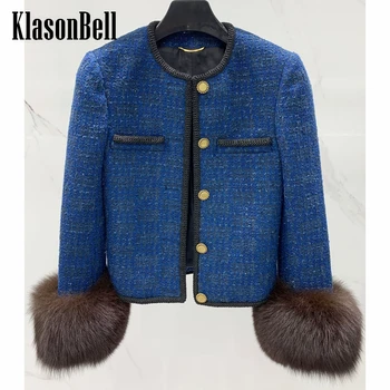 7,11 KlasonBell, модные манжеты из лисьего меха, однобортный твидовый пиджак для женщин Изображение