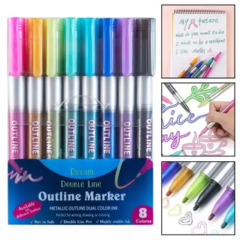 8 цветов, Металлические двойные линии, художественные маркеры, Линейная ручка, Канцелярские принадлежности, ручки для рисования, для каллиграфии, надписи, Скрапбукинг Изображение