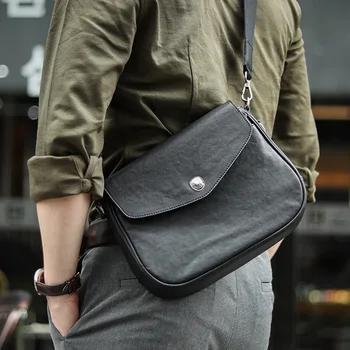 AETOO Новый мужской кожаный рюкзак для отдыха на работу, черный, в стиле креста, мужская сумка senior sense на одно плечо, мессенджер через плечо Изображение