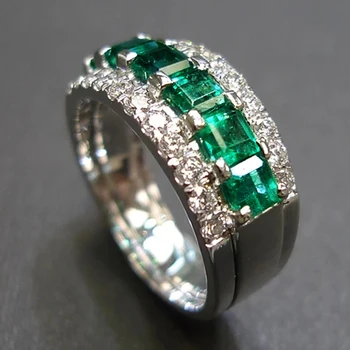 Huitan Роскошные Темно-зеленые квадратные обручальные кольца с кубическим цирконием, кольца для женщин, модные кольца серебристого цвета, ювелирные изделия для вечеринок Изображение
