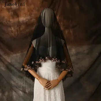 JaneVini 2020, Новая Модная Короткая Черная Свадебная фата с золотой вышивкой, Однослойная Фата длиной до локтя, Тюлевые Аксессуары для Волос Невесты Изображение