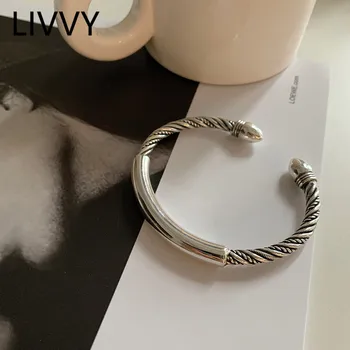 LIVVY, Новинка, твист-гладкие однотонные браслеты для женщин, креативный дизайн, ювелирные аксессуары из тайского серебра Изображение