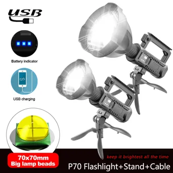 P70 Наружное мощное освещение с сильным освещением Портативная лампа фонарик с дисплеем мощности USB перезаряжаемый прожектор Изображение
