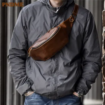 PNDME высококачественная воловья кожа, простая винтажная нагрудная сумка из натуральной кожи, мужская сумка-мессенджер через плечо, поясная сумка, повседневные спортивные поясные сумки Изображение