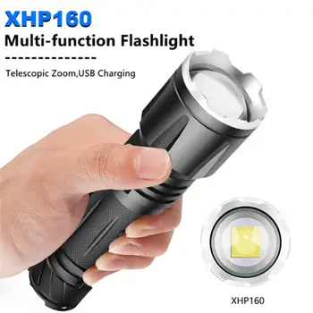 XHP160 Сильный свет Факелов Портативный светодиодный фонарик USB Перезаряжаемый Алюминиевый зум, тактический фонарик, Аварийный фонарь для кемпинга Изображение