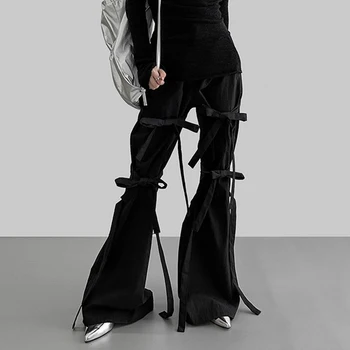 Y2k Корейская уличная одежда, Винтажные черные готические прямые брюки, широкие джинсы, Эстетичные мешковатые брюки-клеш с высокой талией, женская одежда Изображение