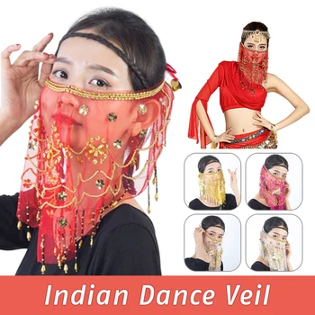 Аксессуары для индийской танцовщицы живота, вуаль, Шифоновое платье для лица на Хэллоуин, красивое платье с блестками, аксессуары для танцев с бахромой из блесток Изображение
