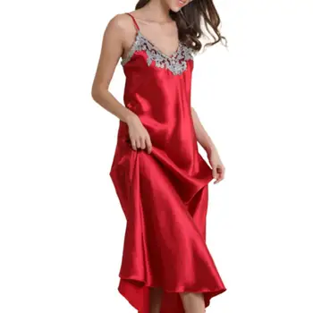 Атласное Сексуальное Женское ночное платье на бретельках, Летние пижамы с V-образным вырезом, Цветочное Кружево, Свободная Длинная Ночная рубашка Изображение