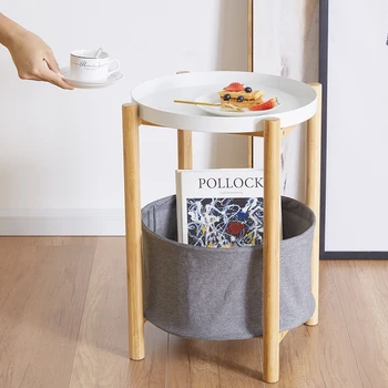 Бамбуковый деревянный круглый торцевой столик с корзиной для хранения, приставной столик, мебель в скандинавском стиле, узкий ящик для хранения, тумбочка Изображение