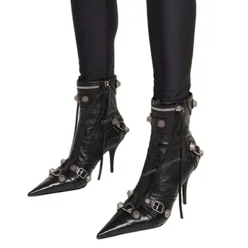 Ботильоны из черной матовой кожи с пряжкой и декором, Женская обувь с острым носком, туфли на тонком каблуке, 2023 Zapatos Para Mujere Изображение