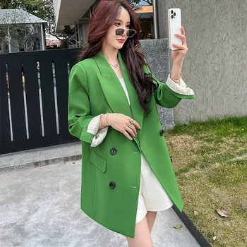 Весенний маленький блейзер Hepburn Leisure для женщин 2023, Весна и осень, Новая корейская версия, Свободный Модный зеленый костюм с длинным рукавом, топ Изображение