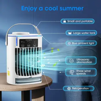 Воздушный охладитель Настольный вентилятор охлаждения воды, брызги охлаждения USB вентилятор кондиционер охладитель ультразвукового распыления синий Ночной свет Изображение