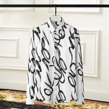 Высококачественные роскошные ювелирные изделия, Модная рубашка с художественным принтом, черно-белое лоскутное Платье с длинным рукавом Для мужчин Изображение