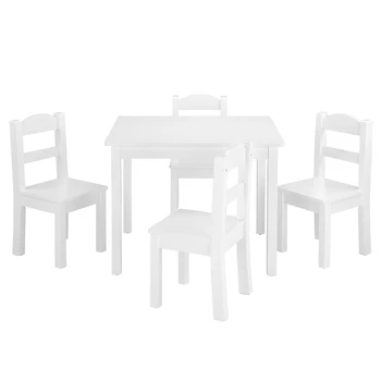 Детский стол-стул из 5 предметов, наборы для ухода за кожей, Идеальная спальня, гостиная, Прочный стол-стул, Детская мебель из дерева, Настольный набор белого цвета Изображение