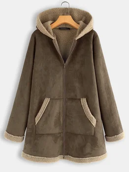 Женские винтажные однотонные повседневные утепленные куртки, пальто, зимняя куртка в стиле пэчворк, плюс бархатное свободное пальто из оленьей кожи, пальто на молнии с капюшоном Изображение