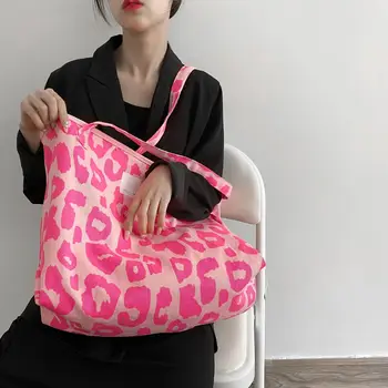 Женские повседневные сумки большой емкости, холщовые сумки, ведро, розовая леопардовая сумка через плечо Изображение