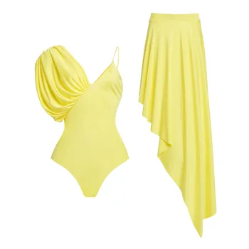 Женский ретро-купальник цельный желтый 2023, однотонная праздничная пляжная одежда, дизайнерский купальный костюм, накидка Изображение