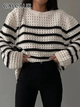 Женский свитер GALCAUR с вырезами, круглый вырез, длинный рукав, вязание в полоску, Цветные блоки, Свободные осенние пуловеры, свитера, женские Изображение