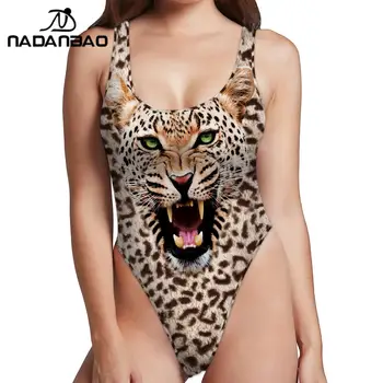 Женский Цельный купальник без рукавов NADANBAO С леопардовым 3D принтом, Летняя спортивная одежда для плавания, Сексуальные обтягивающие купальники, Пляжный купальный костюм Изображение