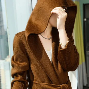 Женское двустороннее шерстяное пальто с капюшоном, длинное зимнее пальто из 100% тонкой шерсти, морозостойкое, модный уличный топ Изображение