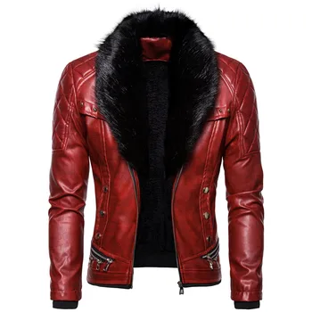 Зимнее мужское кожаное пальто 2023, Большой Рождественский подарок, Кожаное пальто, Одежда Со съемным шерстяным воротником, Мотоциклетная куртка Для мужчин Изображение