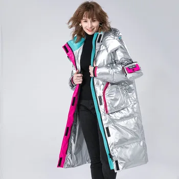Зимние пуховики 2022 года, новое популярное утолщенное пальто, космический серебристый металлический пуховик с яркой поверхностью, без стирки, длинная Верхняя одежда Изображение