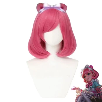 Игра LOL Cafe Cutie Annie Косплей Парик Розово-красный Короткий Боб Парики Термостойкие синтетические волосы + сетка для волос Изображение