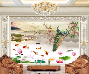 Индивидуальные 3D обои любого размера, фреска, павлин, лотос, девять рыб, пейзажная живопись, китайский стиль, фоновая настенная живопись papel Изображение