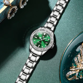 Классические кварцевые часы TAXAU Green, Платье для женщин 2023, Водонепроницаемый ремешок из нержавеющей стали, зеркало с бриллиантами, Элегантные женские наручные часы Изображение