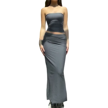 Комплект из двух предметов для женщин, одежда y2k, однотонные топы без бретелек + облегающая длинная юбка с высокой талией и разрезом, летняя одежда для вечеринок Изображение