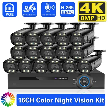 Комплект Системы Безопасности Камеры Видеонаблюдения 4K POE 16CH NVR Комплект Полноцветной IP-камеры Ночного Видения Двухсторонняя Аудиосистема Видеонаблюдения Изображение