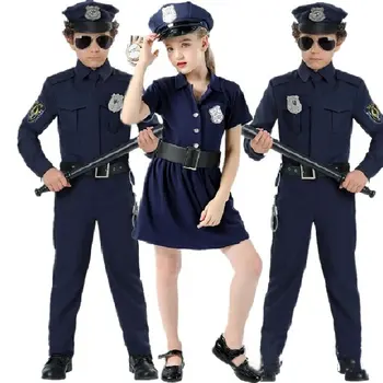 Костюмы полицейских для девочек и мальчиков, платья офицеров для детей, Карнавал, Хэллоуин, Полицейский Косплей, Синий комплект костюмов для выступлений на сцене Изображение