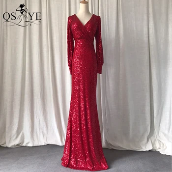 Красное вечернее платье с длинными рукавами, Приталенное Вечернее платье с пайетками, Блестящее Сексуальное Вечернее платье с V-образным вырезом, Вечернее платье с блестящими рюшами Изображение
