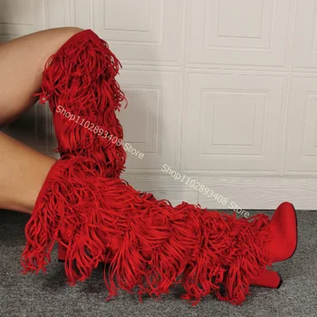 Красные Ботинки без шнуровки из Флока с кисточками на высоком Массивном каблуке, Пикантные женские летние модные ботинки, Обувь Большого Размера 2023, Zapatos Para Mujere Изображение