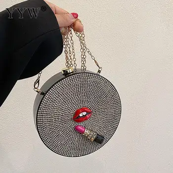 Креативный узор для губ, Круглая жесткая сумочка-клатч из ПВХ, Модный Женский блестящий бриллиантовый круг, сумка-мессенджер, сумка-цепочка через плечо, коробка Изображение