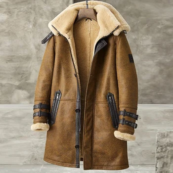 Куртка из овечьей Шерсти Мужская Куртка-бомбер B7, Длинная Стильная Кожаная куртка, Мужские зимние пальто, Меховая куртка Винтажного коричневого цвета Изображение