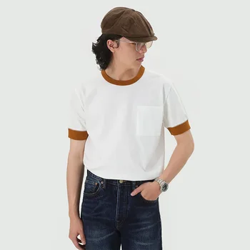 Летняя мужская хлопковая футболка с круглым вырезом и карманом, узкая футболка с короткими рукавами в стиле Ретро Amekaji Изображение