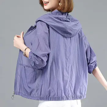 * Летняя Солнцезащитная одежда 2023, Женская Корейская Повседневная Свободная Ветровка с капюшоном на молнии, пальто на открытом Воздухе A279 Изображение