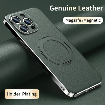 Магнитный Кожаный Держатель для телефона Magsafe Case для iPhone 14 12 11 13 Pro Max 14 Plus с Кольцевым Покрытием, Защита объектива, Задняя крышка Изображение