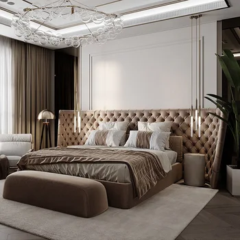 Мебель для спальни, итальянская минималистичная вилла высокого класса, кровать из матовой кожи, двуспальная кровать, свадебная кровать, современная светлая кровать роскошного особняка Изображение