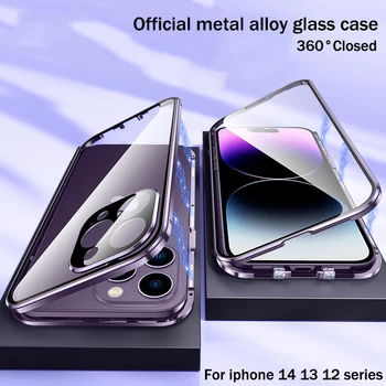 Металлический Магнитный чехол Для iPhone 12 13 14 Pro Max 360 ° Полностью закрытый защитный чехол из алюминиевого сплава HD glass Для iPhone14 Cover Изображение