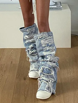 Милые женские джинсовые гетры с пряжкой - Стильные гольфы до бедра для образа в стиле готики и харадзюку - Модные поверх Изображение