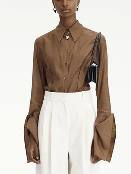 Модная дизайнерская женская рубашка с разрезом и длинными рукавами, весенняя новая однобортная асимметричная темпераментная блузка для женщин Изображение